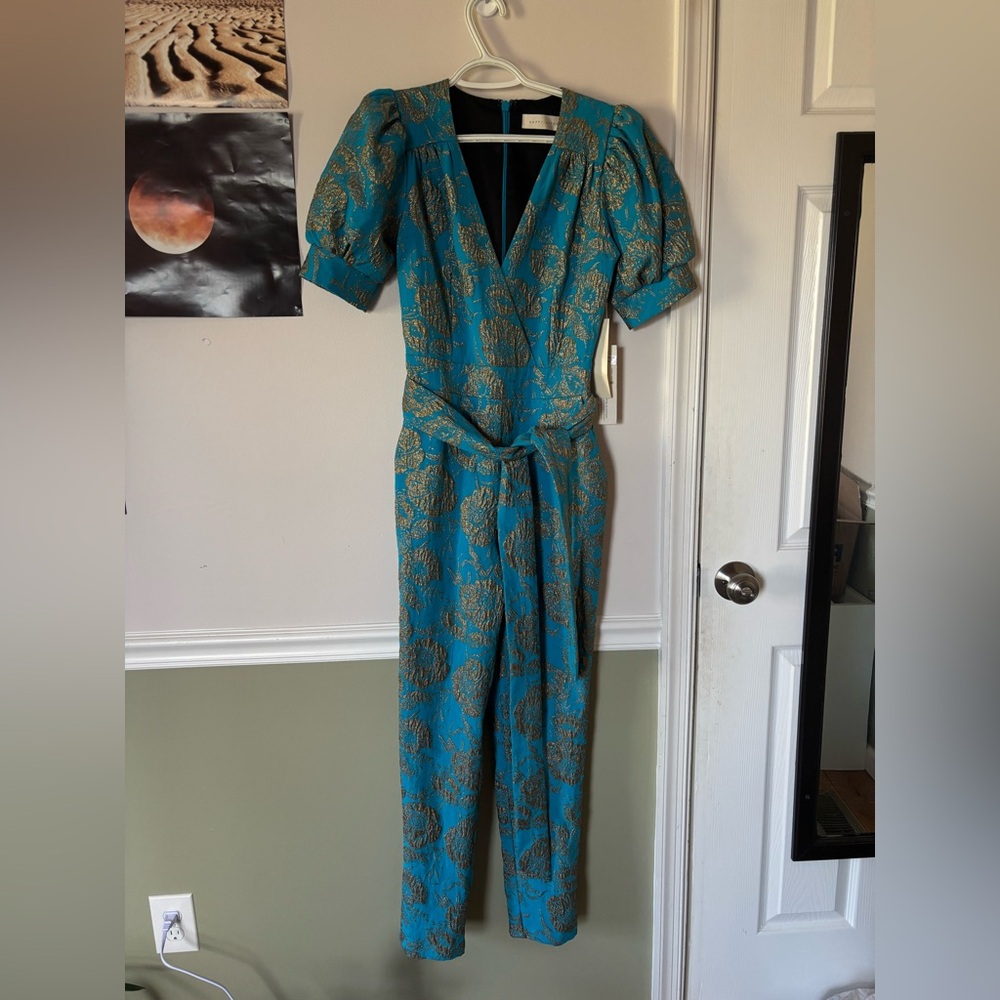 Happy x Nature Metallic Floral Jumpsuit NWT Teal Gold Puff Sleeve Size 0